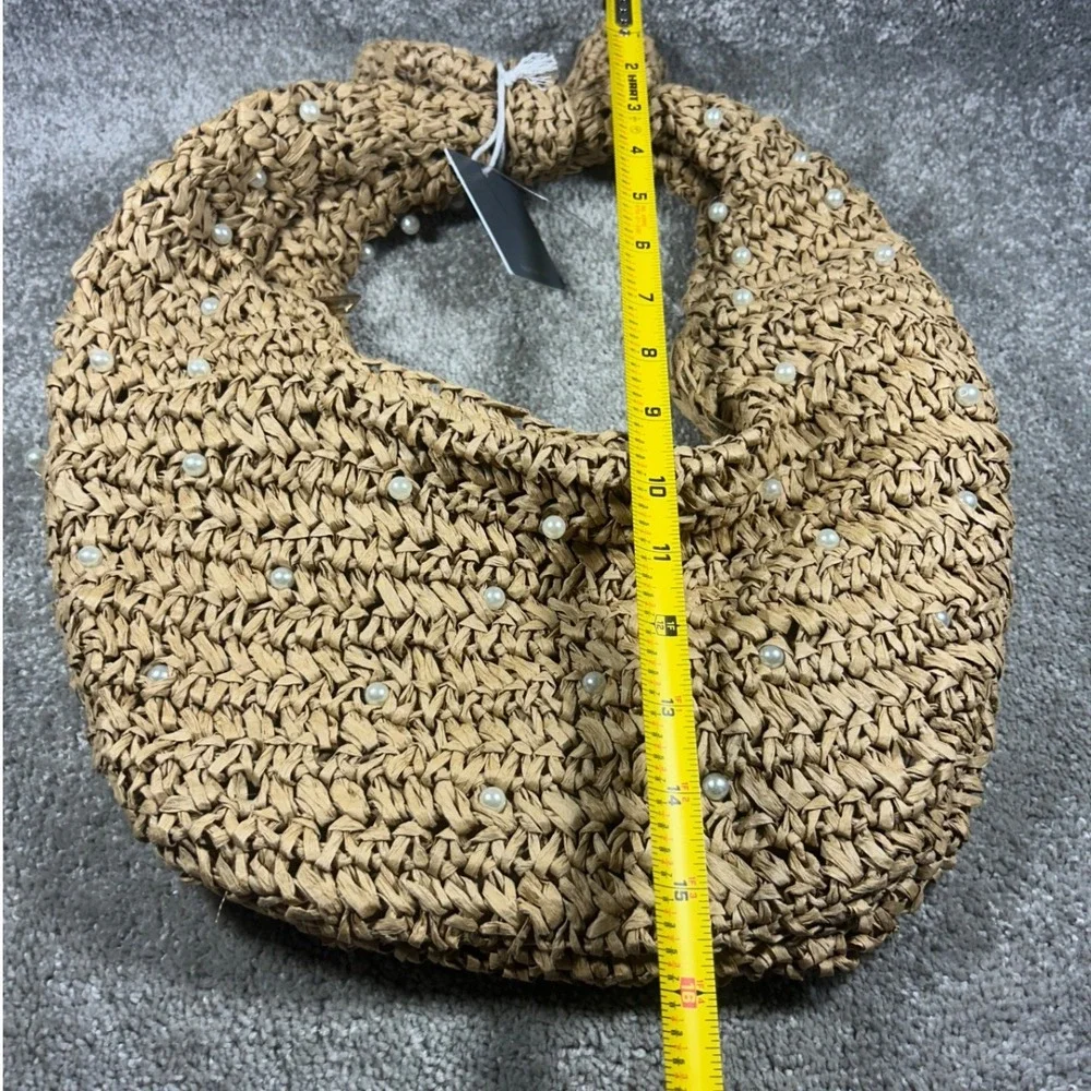 Haute Hippie Hobo Bag Tan Faux Pearl Straw Knotted Handle Women Purse